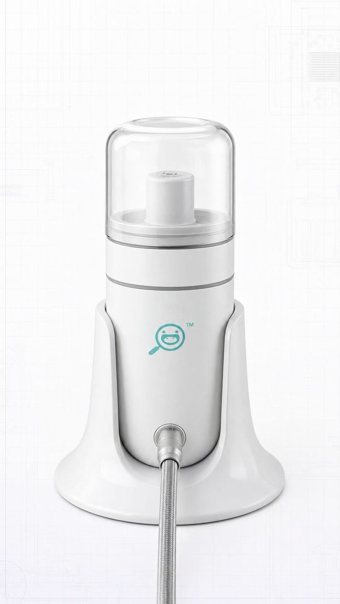 TCM-1 assembled device render, showing the clear protective dome and pedestal base
