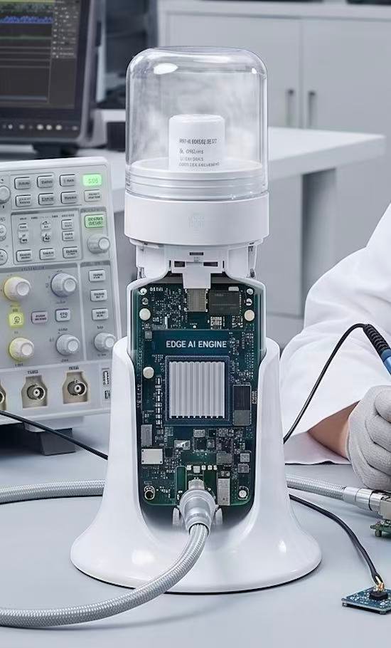 Engineer bench-testing the TCM-1 Edge AI Engine board with lab oscilloscope equipment at DMT's facility